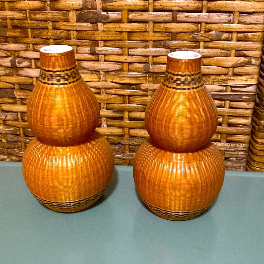 Set Vintage Chinese Woven Bamboo Bud Vases made in people’s Republic of China